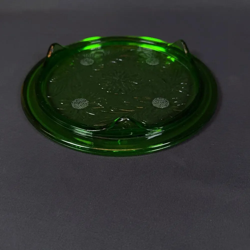 Depression Uranium Glass Flower 10'' Green Cake stand Plate vintage